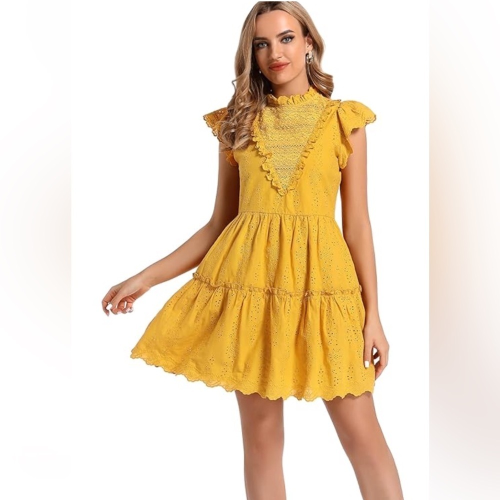 Yellow Ruffle Eyelet Mini Dress - Women